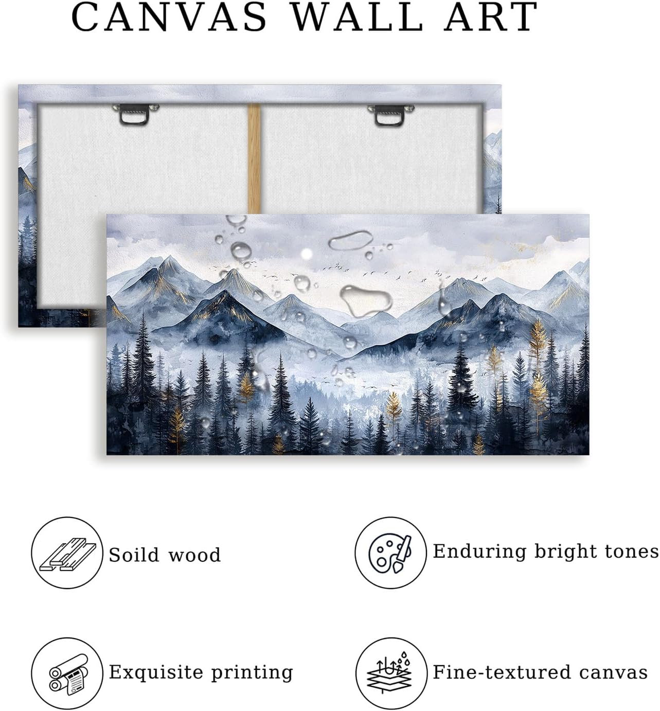 SERIMINO Mountain Landscape Large Wall Art, Misty Forest Canvas Prints, Blue Gold Watercolor Pine Tree Paintings Wall Decor Living Room Bedroom, Natural Scenery Office Decor Pictures 29'X57'