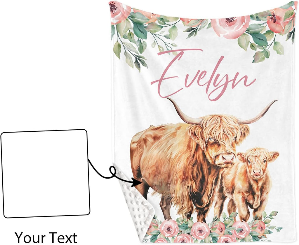 Personalized Nursery Crib Bedding Set: Custom Name Floral 5 Piece Baby Crib Sets with Highland Cow Design - Toddler Double Layer Blanket Set, Comfortable Crib Bed Sheets for Baby Grils