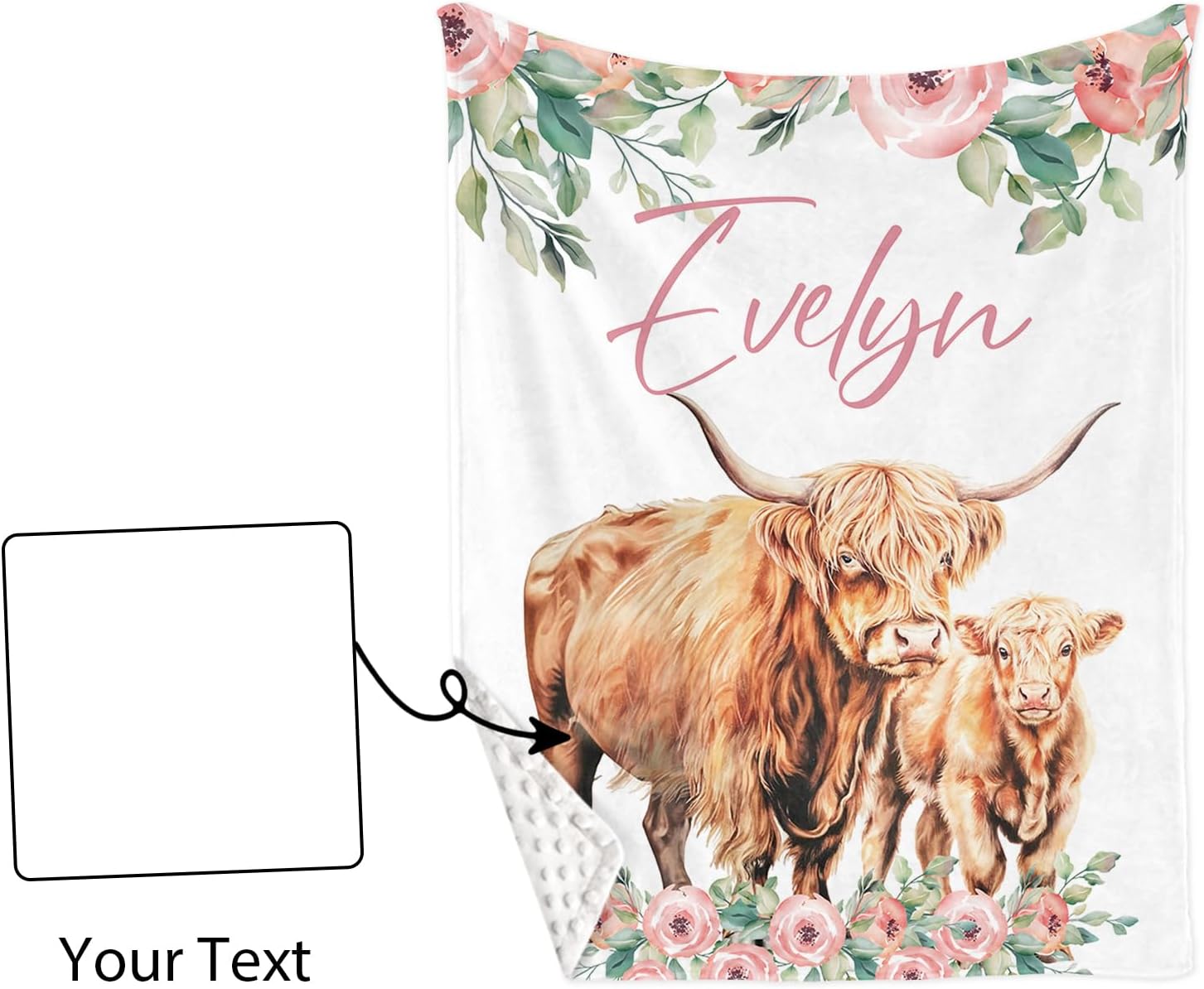 Personalized Nursery Crib Bedding Set: Custom Name Floral 5 Piece Baby Crib Sets with Highland Cow Design - Toddler Double Layer Blanket Set, Comfortable Crib Bed Sheets for Baby Grils