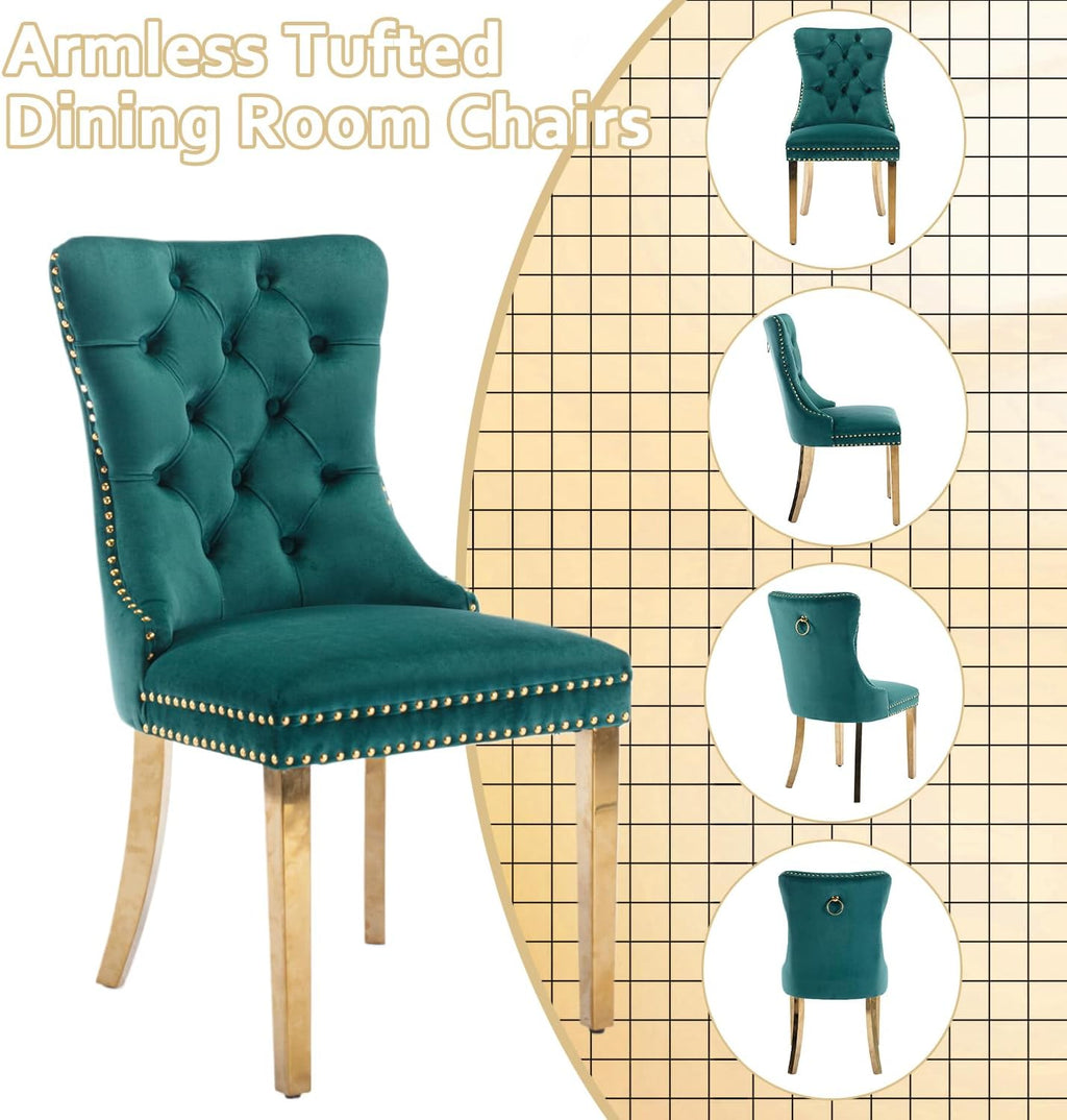 2 Piece Contemporary Velvet Upholstered Dining Chair with Chrome Stainless Steel Plating Legs, Nail Head Decro, Armless Tufted Dining Chair Fabric Dining Room Chair (Green&Gold, Set of 2)