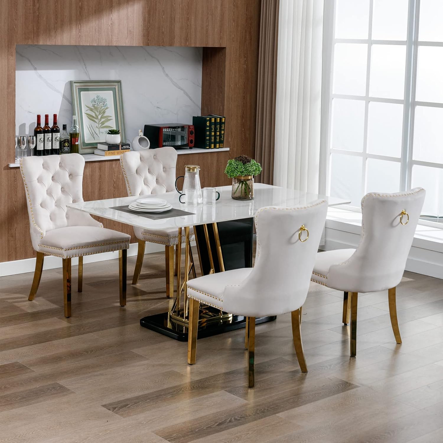 2 Piece Contemporary Velvet Upholstered Dining Chair with Chrome Stainless Steel Plating Legs, Nail Head Decro, Armless Tufted Dining Chair Fabric Dining Room Chair (Beige&Gold, Set of 2)