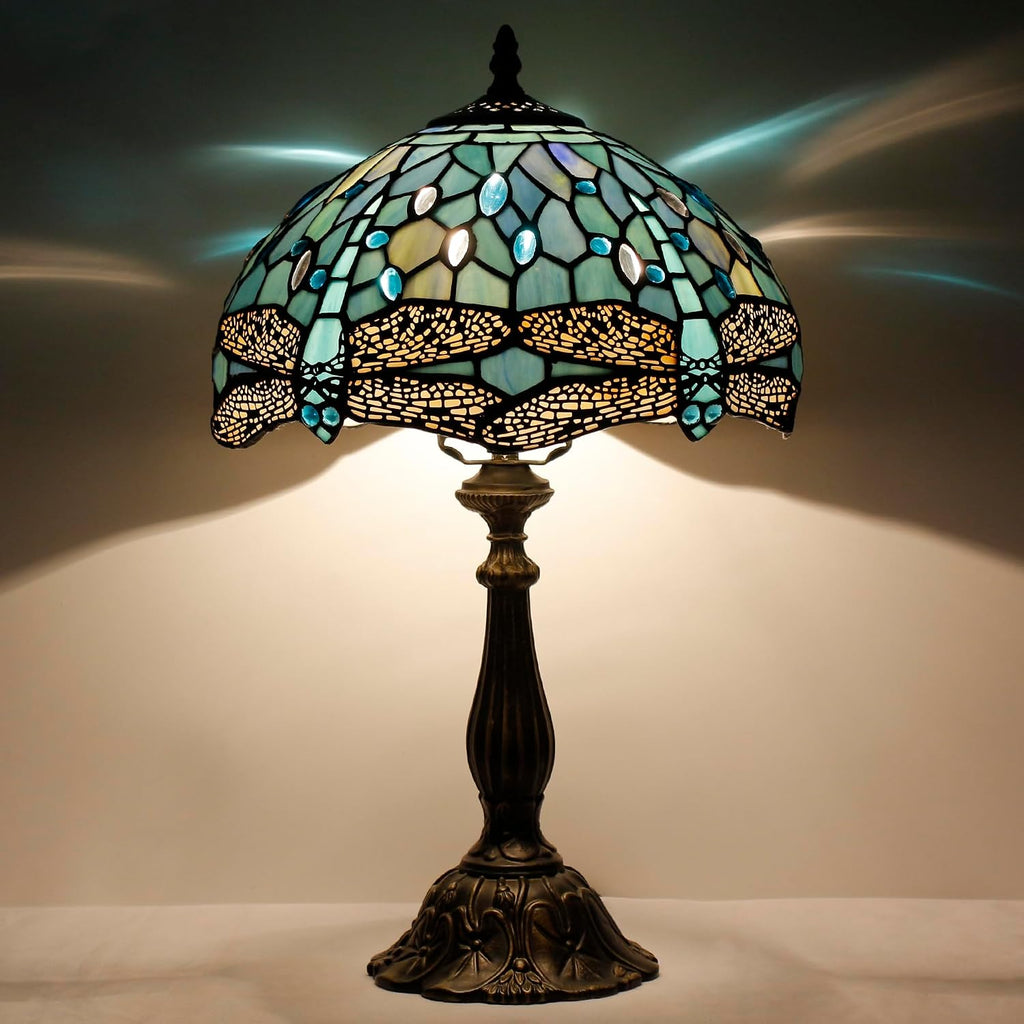 Tiffany Lamp Touch Control Table Lamp Sea Blue Stained Glass Desk Lamp 12X12X19 Inches Dragonfly Style Reading Light