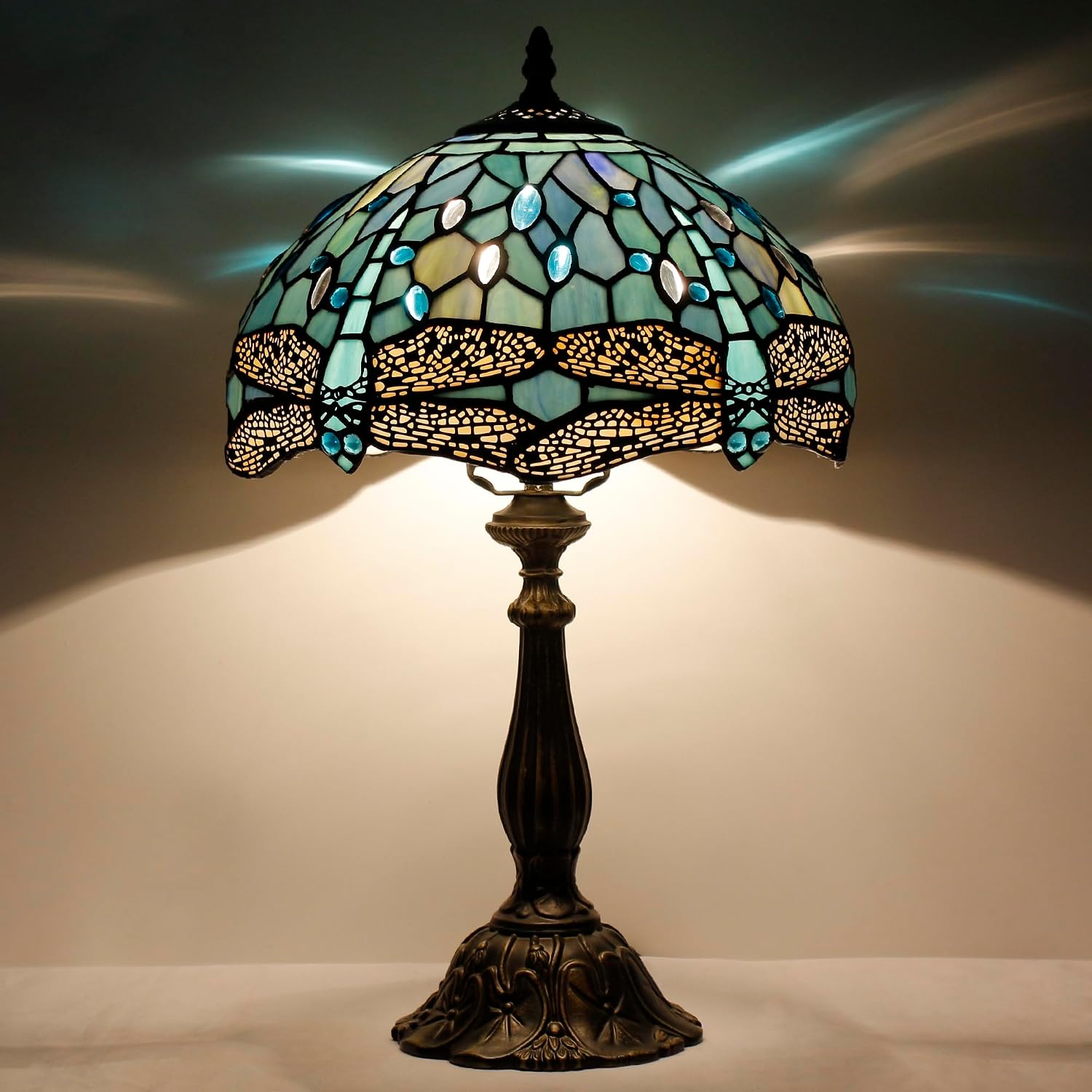 Tiffany Lamp Touch Control Table Lamp Sea Blue Stained Glass Desk Lamp 12X12X19 Inches Dragonfly Style Reading Light
