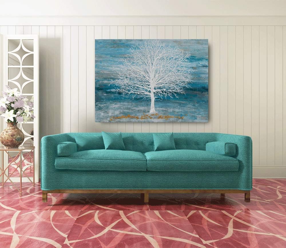 Yihui Arts Canvas Art Wall Decor, White Birch Trees Landscape Picture Painting, Modern Nature Teal Artwork Prints, Large Size Framed for Home Decor