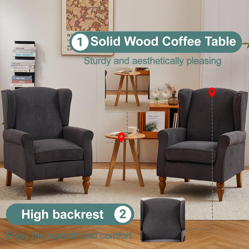 Mid-Century High Wingback Chair Set of 2,Modern Fabric Accent Chair Armchair with Solid Wood Coffee Table Set,Leisure Single Sofa Chair for Living Room,Club,Home Reception,Antique Dark Grey