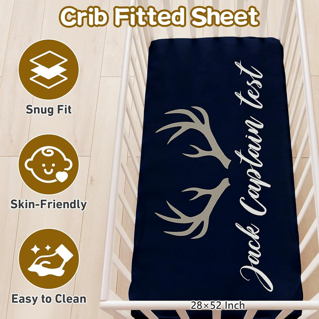 Terwex Personalized Baby Bedding, 5 Pcs Custom Name Bedding Sets for Girls & Boys - Nursery Beds, Soft Toddler Sets for Infant Customized Gifts, Blue Woodland Deer
