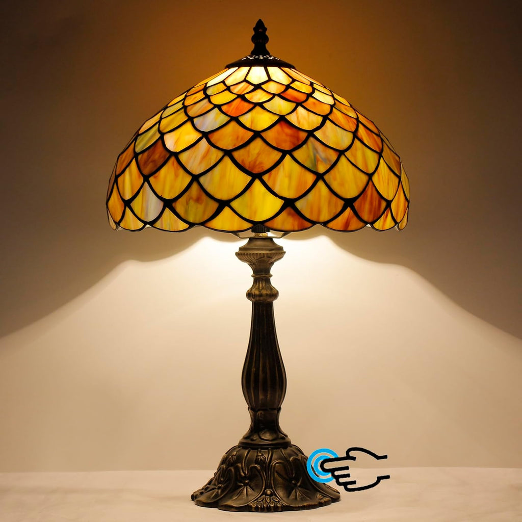 Tiffany Lamp Touch Control Table Lamp Yellow Green Stained Glass Desk Lamp 12X12X19 Inches Fish Scales Style Reading Light