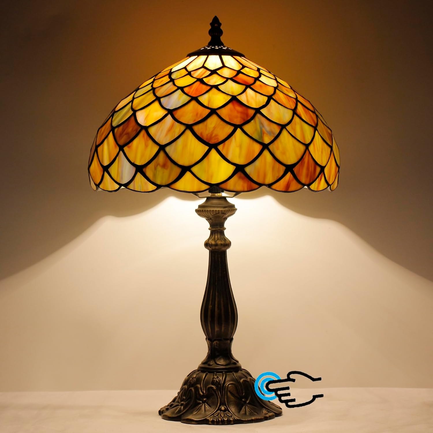 Tiffany Lamp Touch Control Table Lamp Yellow Green Stained Glass Desk Lamp 12X12X19 Inches Fish Scales Style Reading Light