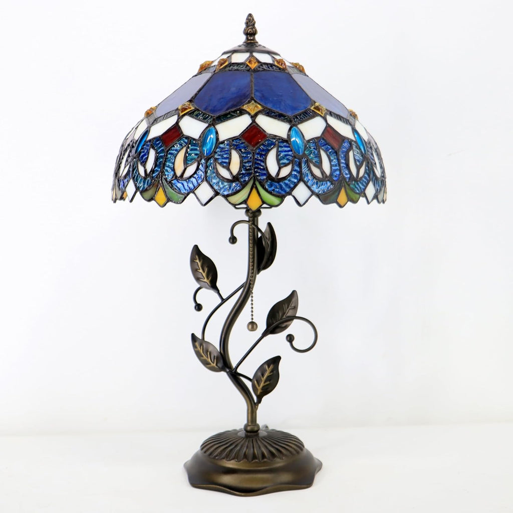 Tiffany Table Lamp, Stained Glass Style Desk Lamp, 12X12X19 Inch,Bedside Reading Light, Metal Leaf Base(Blue Baroque)