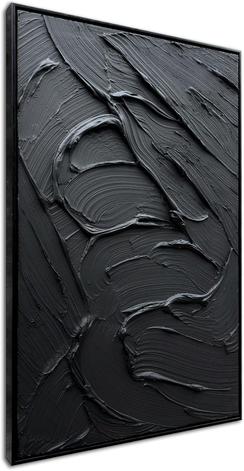 Slyart Framed Black Textured Wall Art, Hand Painted Contemporary Abstract Oil Painting, Framed Thick Texture Vertical Canvas Wall Art 24x36 Inch