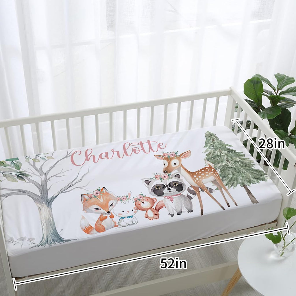 TOOTANN Custom Baby Crib Bedding Set, 5 Pcs Personalized Name Baby Crib Sheets for Kid Toddler Infant, Little Forest Animals Nursery Bedding Set