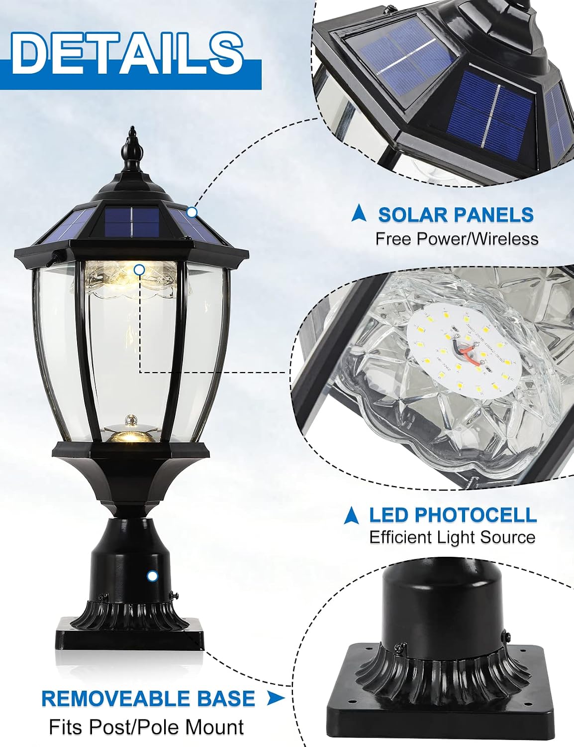 Solar Outdoor Lamp Post Light with Dusk to Dawn Photocell, Waterproof Oil-Rubbed Black Pillar Light with Clear Glass, Aluminum Solar Pole Lamp with Pier Mount for Porch, Yard. Pathway