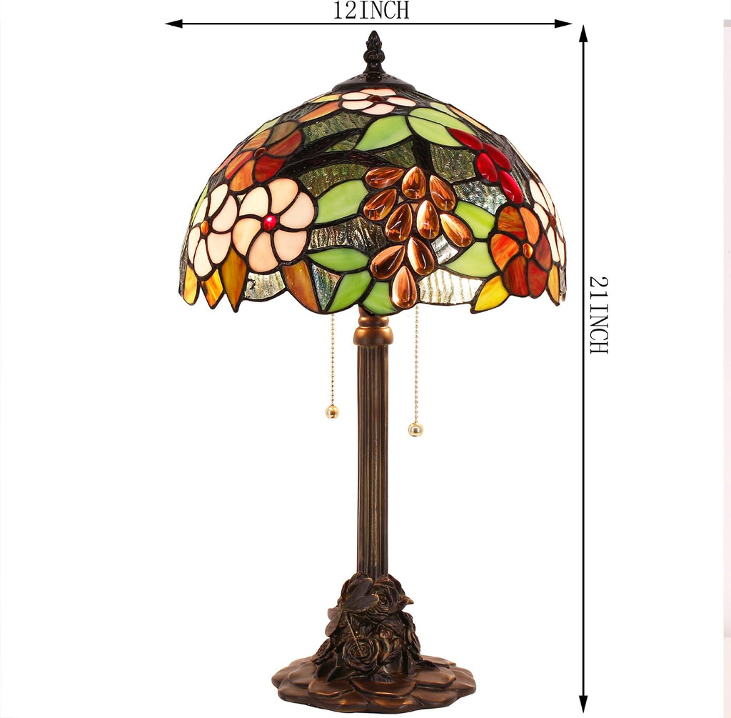Tiffany Table Lamp Stained Glass Desk Lamp 12X12X21Inch Resin Base for Bedroom Living Room Reading Light (Green Purple Grape)