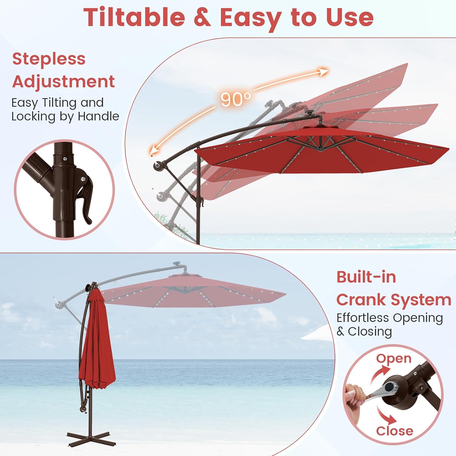 Tangkula 10FT Offset Patio Umbrella with Base Included, Outdoor Cantilever Umbrella with 40 Solar LED Lights, Tilt Adjustment, Crank Handle, Vented Top, Sand Bags for Pool Yard Deck (Burgundy)