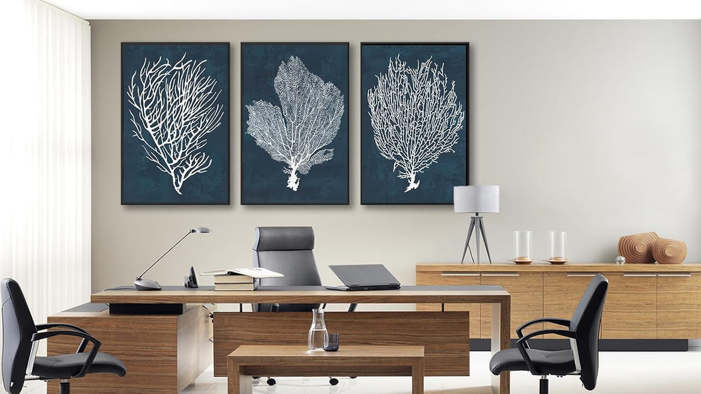 Large Framed Coral Wall Art - Navy Blue Coastal Wall Decor Painting 20'x28' Set of 3 Minimalist Beach Wall Art Prints Rustic Ocean Coral Canvas Pictures for Living Room Bedroom Office Artwork