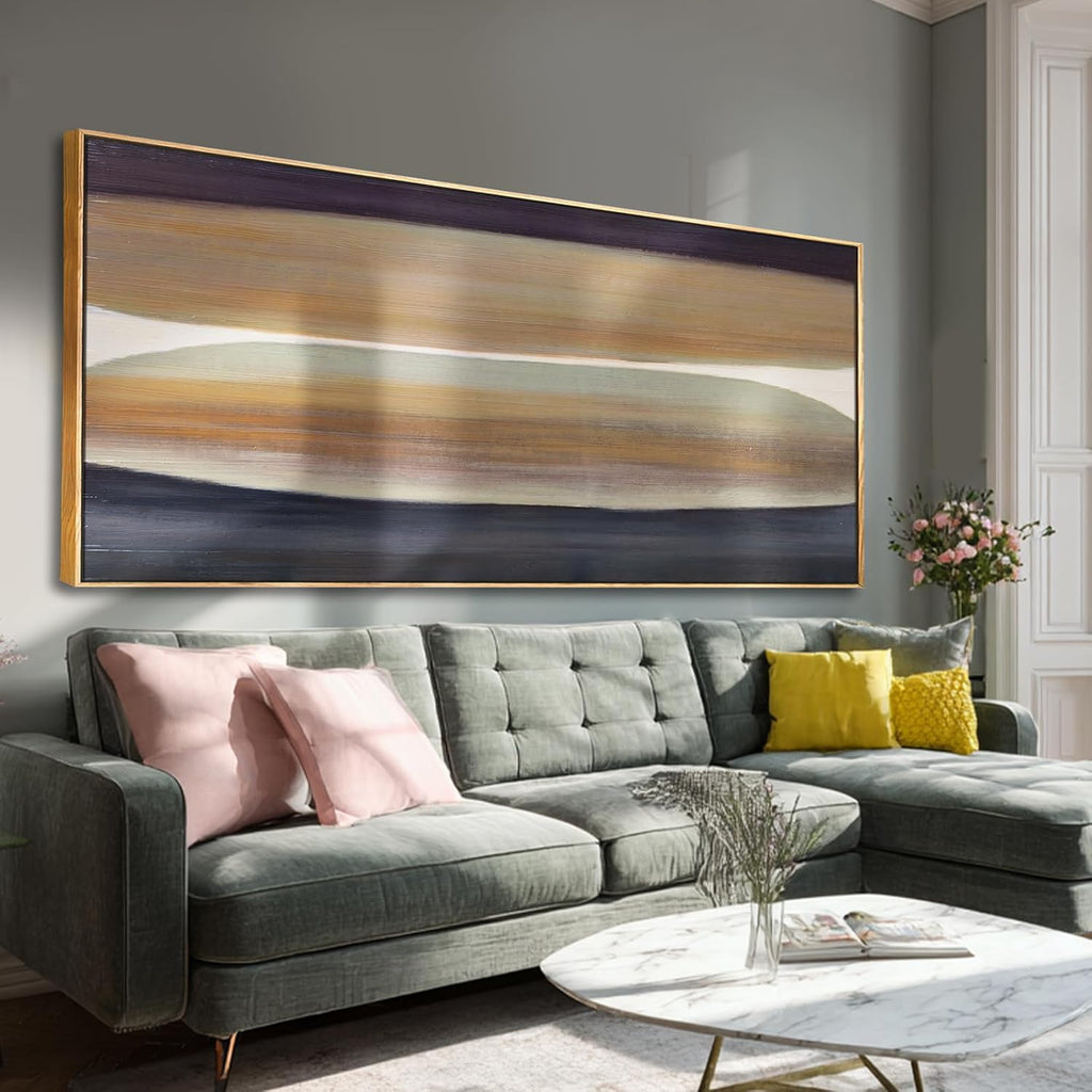 Beige Brown Hand-painted Canvas Wall Art, 32x70 Inch Framed Horizontal Abstract Artwork with Neutral Tones for Living Room Decor