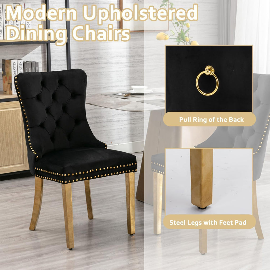 2 Piece Contemporary Velvet Upholstered Dining Chair with Chrome Stainless Steel Plating Legs, Nail Head Decro, Armless Tufted Dining Chair Fabric Dining Room Chair (Black&Gold, Set of 2)