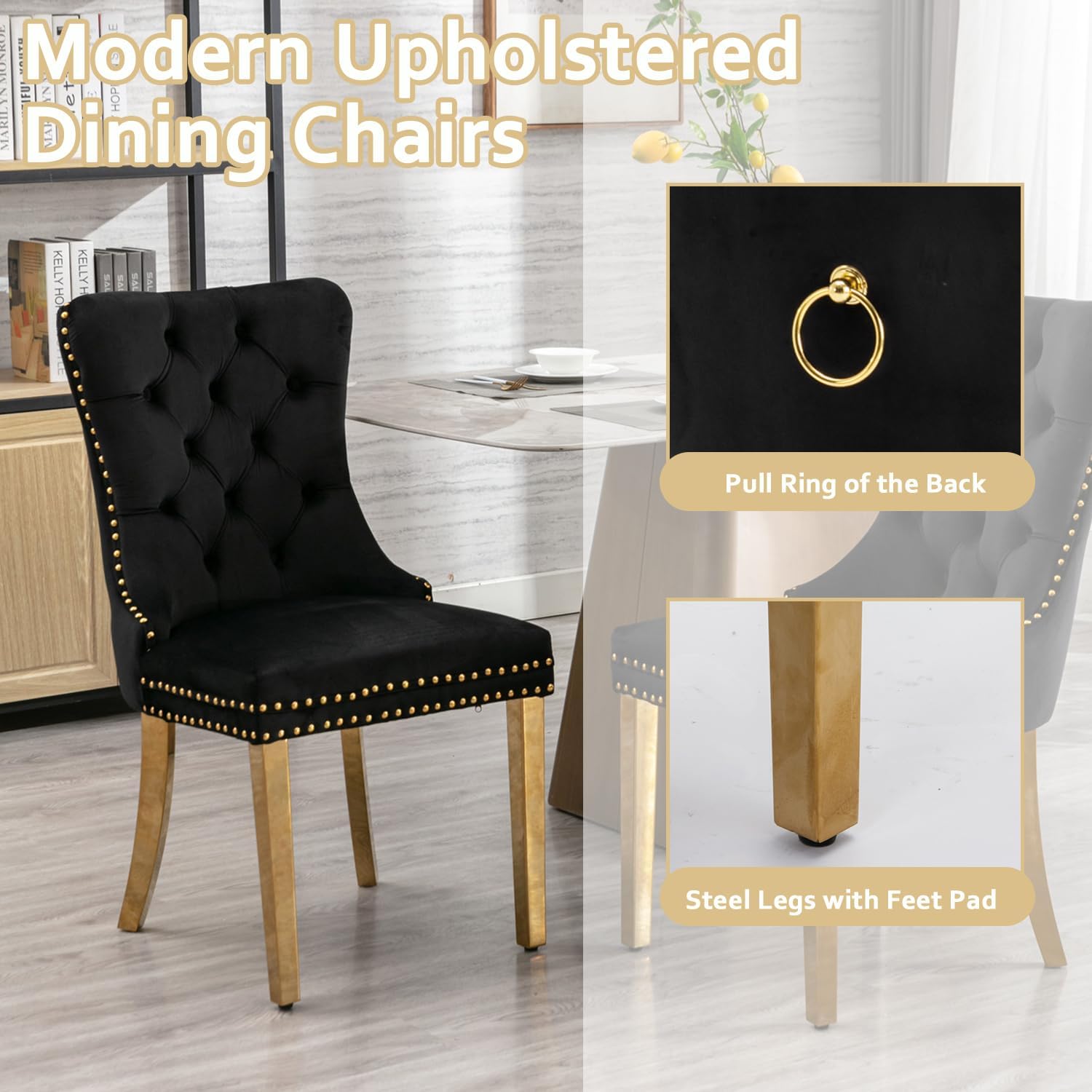 2 Piece Contemporary Velvet Upholstered Dining Chair with Chrome Stainless Steel Plating Legs, Nail Head Decro, Armless Tufted Dining Chair Fabric Dining Room Chair (Black&Gold, Set of 2)