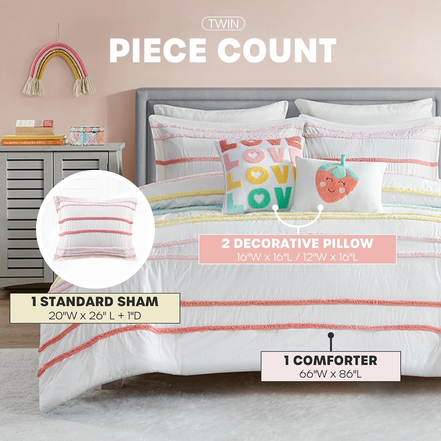 Intelligent Design Kids Twin Comforter Set, Cotton Comforter Set, Casual Fun Colors Chenille Stripes, All Seasons Fluffy Comforter Bed Set, 1 Sham, 2 Decor Pillows, Haisley, Twin, Pink Multi 4 Piece