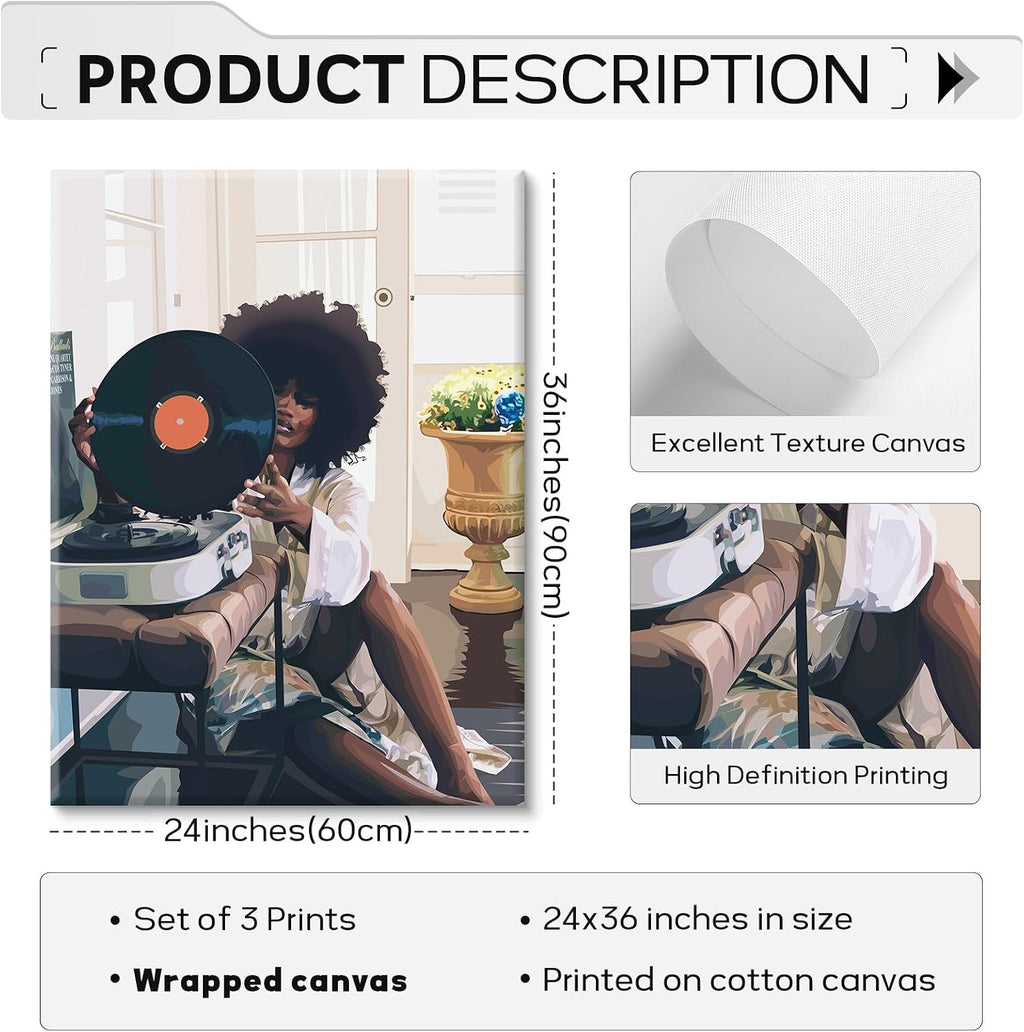 SYYANKK Black Woman Wall Art African American Women Canvas Wall Decor Black Girl Poster Fashion Female Wall Art Feminine Abstract Pictures Boho Prints for Bedroom Bathroom 24x36x3 Inch Ready to Hang