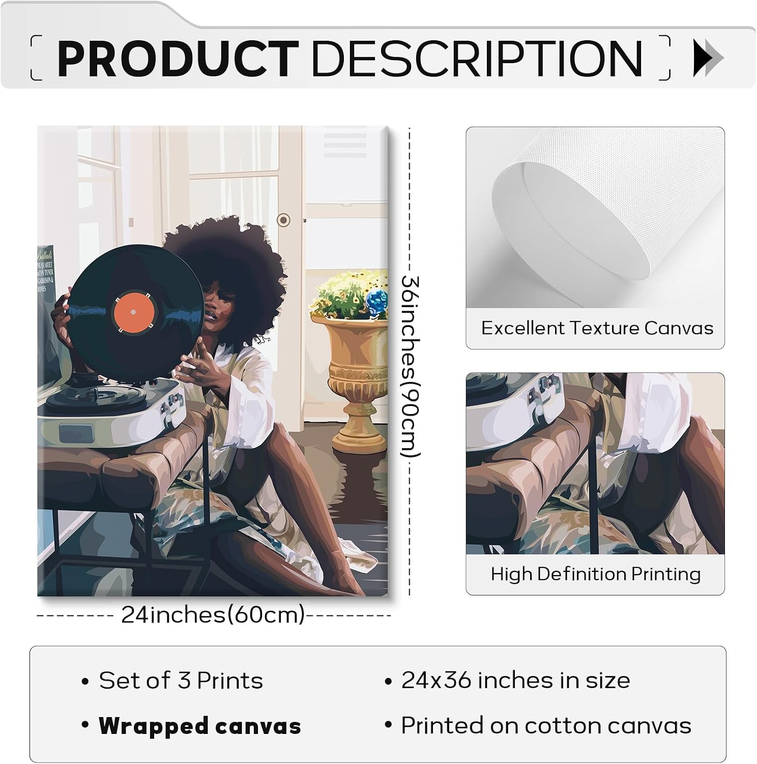SYYANKK Black Woman Wall Art African American Women Canvas Wall Decor Black Girl Poster Fashion Female Wall Art Feminine Abstract Pictures Boho Prints for Bedroom Bathroom 24x36x3 Inch Ready to Hang