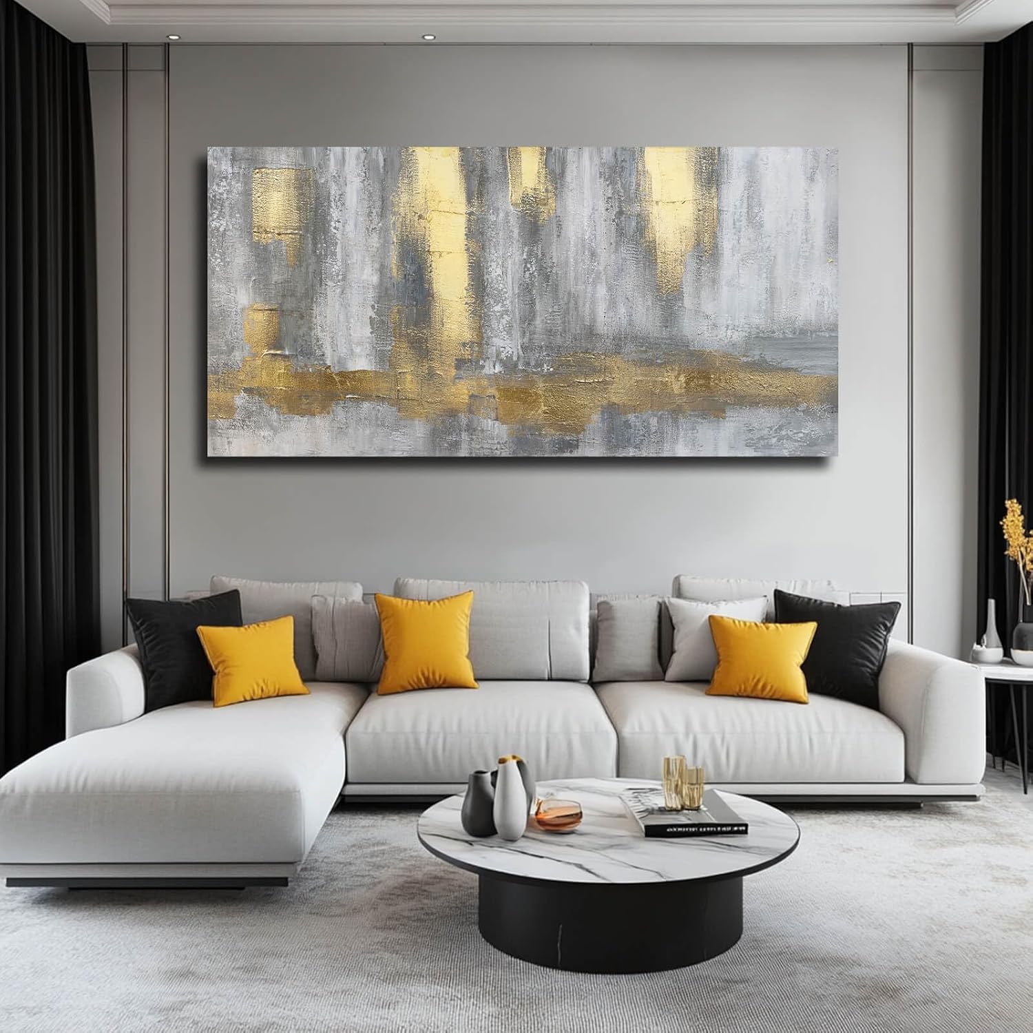 XIANSHOU Gold Wall Decor Hand Drawn Paintings Abstract Canvas Wall Art Large Pictures Grey Poster Arts 29'x58'
