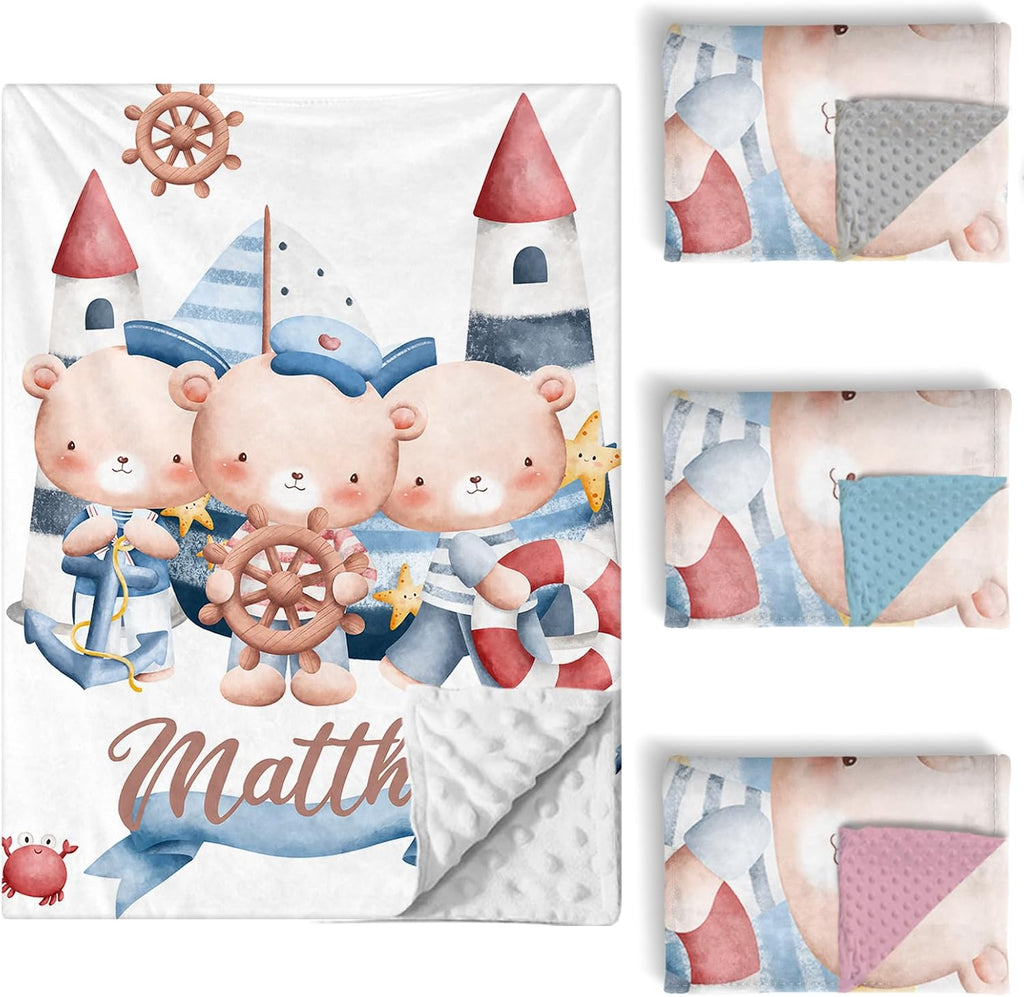 Custom Baby Crib Bedding Set, 5 PCS Personalized Name Baby Crib Sets for Girls Boys, Sailor Bear Theme Nursery Bedding Sets for Infant Toddler, Double Layer Flannel Bed Set Customized Gifts