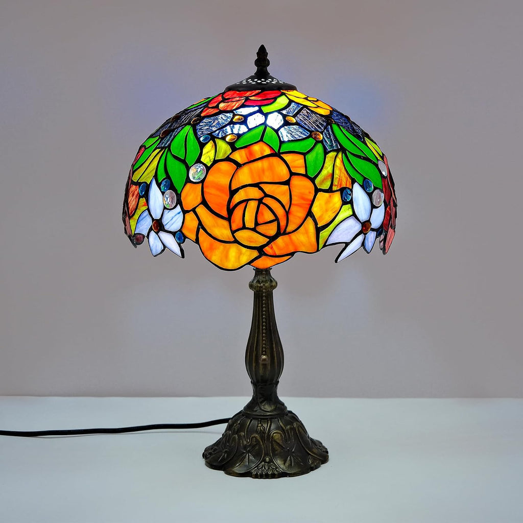 Tiffany Style Stained Glass Table Lamp, Floral Pattern Desk Light with Antique Bronze Resin Base, Red Roses Decorative Lighting for Bedroom, Living Room, Office 12X12X19 Inch