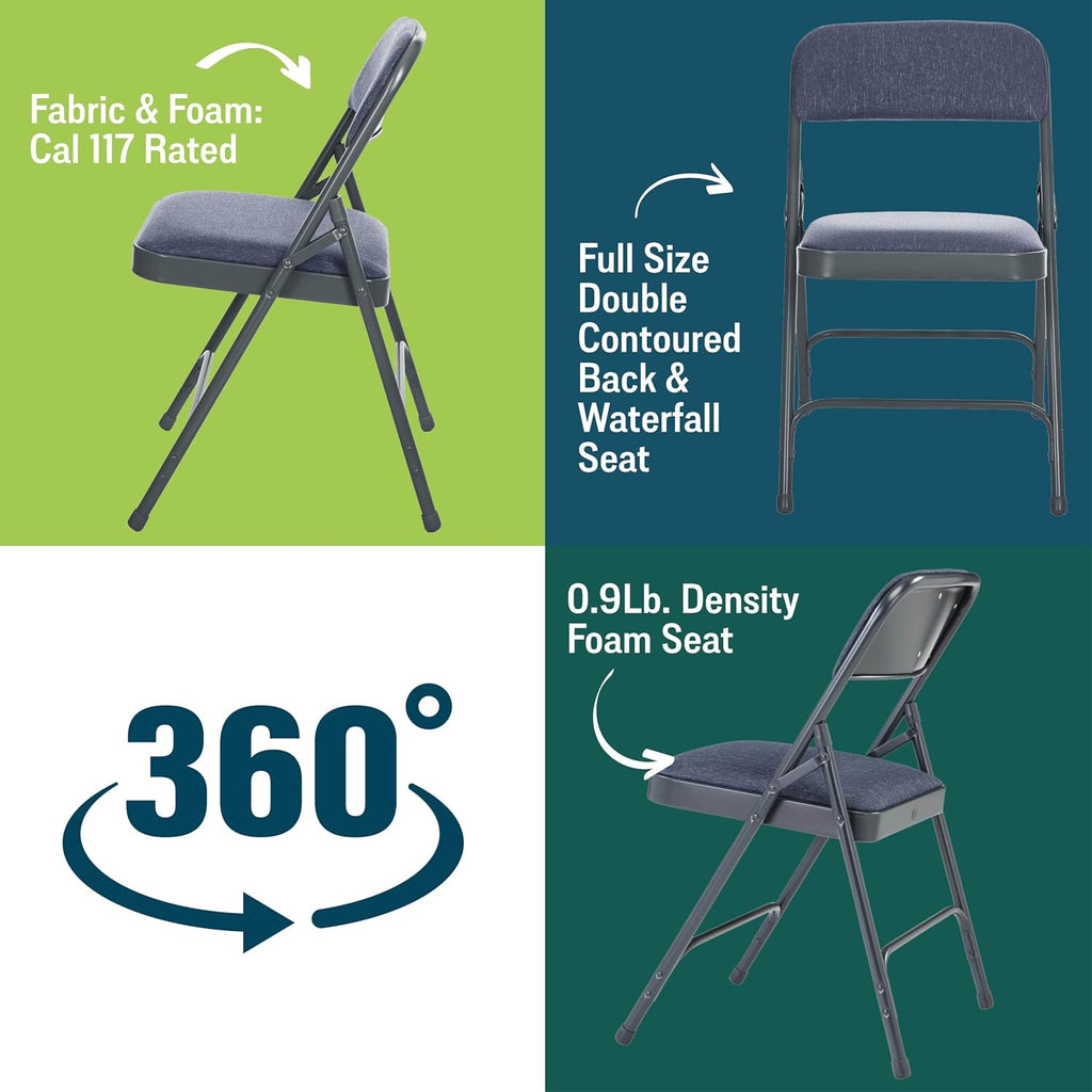 Premium Padded Portable Folding Chairs by National Public Seating – 2200 Series Upholstered, Heavy-Duty Foldable Chairs for Indoor & Outdoor Use – Set of 4, Comfortable & Durable, Char-Blue