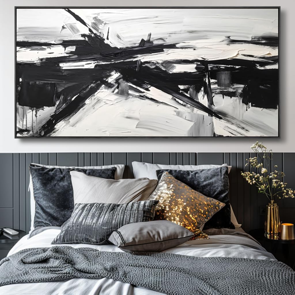 Wall Art Abstract Canvas Painting Black and White Modern Artwork for Living Room Bedroom Dining Room Home Office Decor 30'x60' with Framed