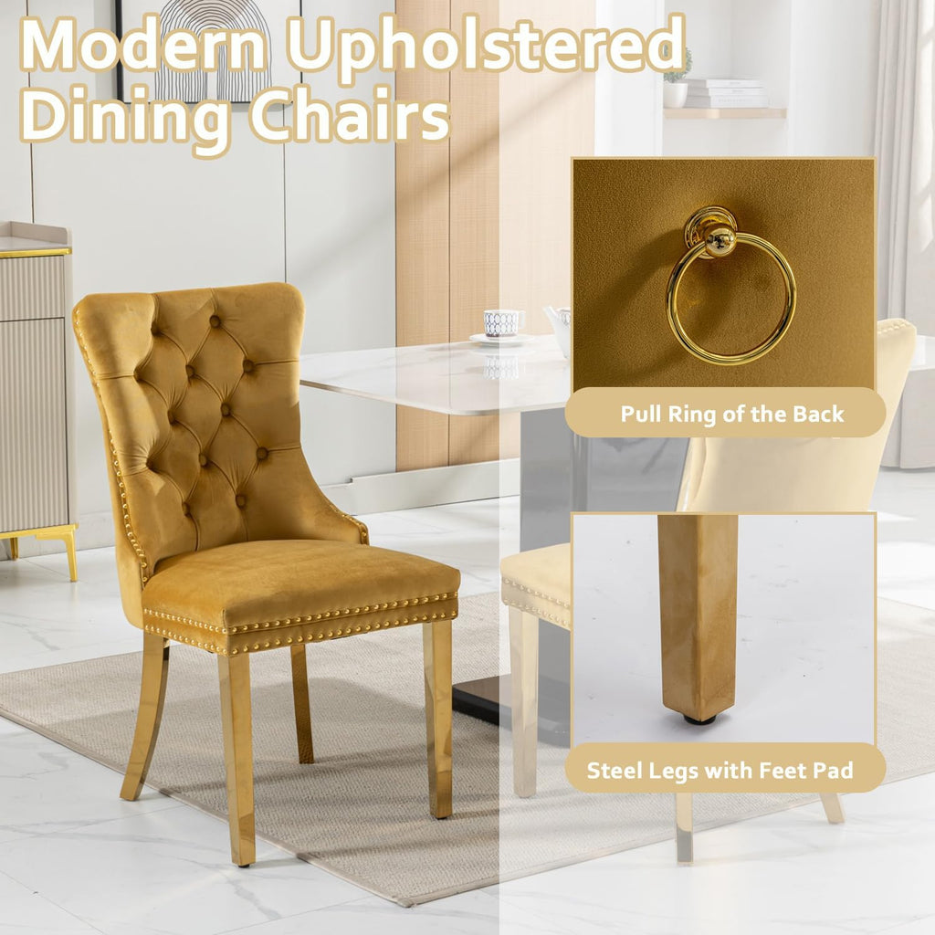 2 Piece Contemporary Velvet Upholstered Dining Chair with Chrome Stainless Steel Plating Legs, Nail Head Decro, Armless Tufted Dining Chair Fabric Dining Room Chair (Gold, Set of 2)