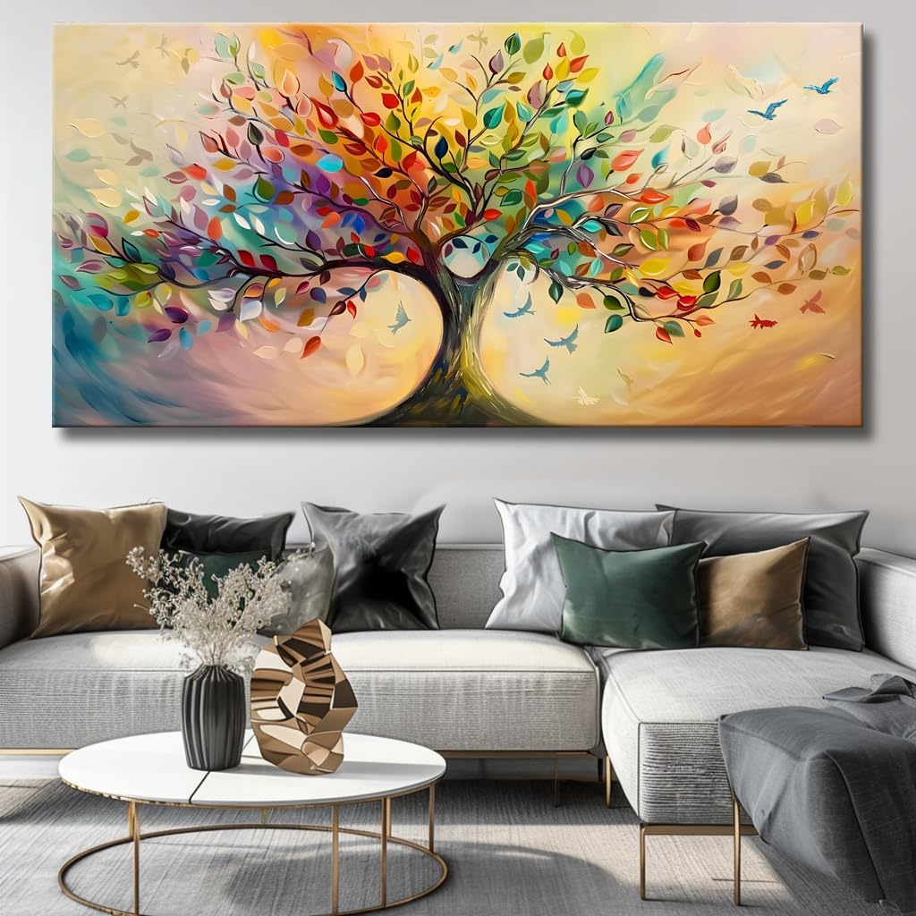 Vibrant Tree of Life Wall Art Colorful Framed Canvas Print for Living Room, Bedroom, Dining Room, or Home Office Modern Ready to Hang Decor,Nature Inspired Home Decoration - 71'x36'