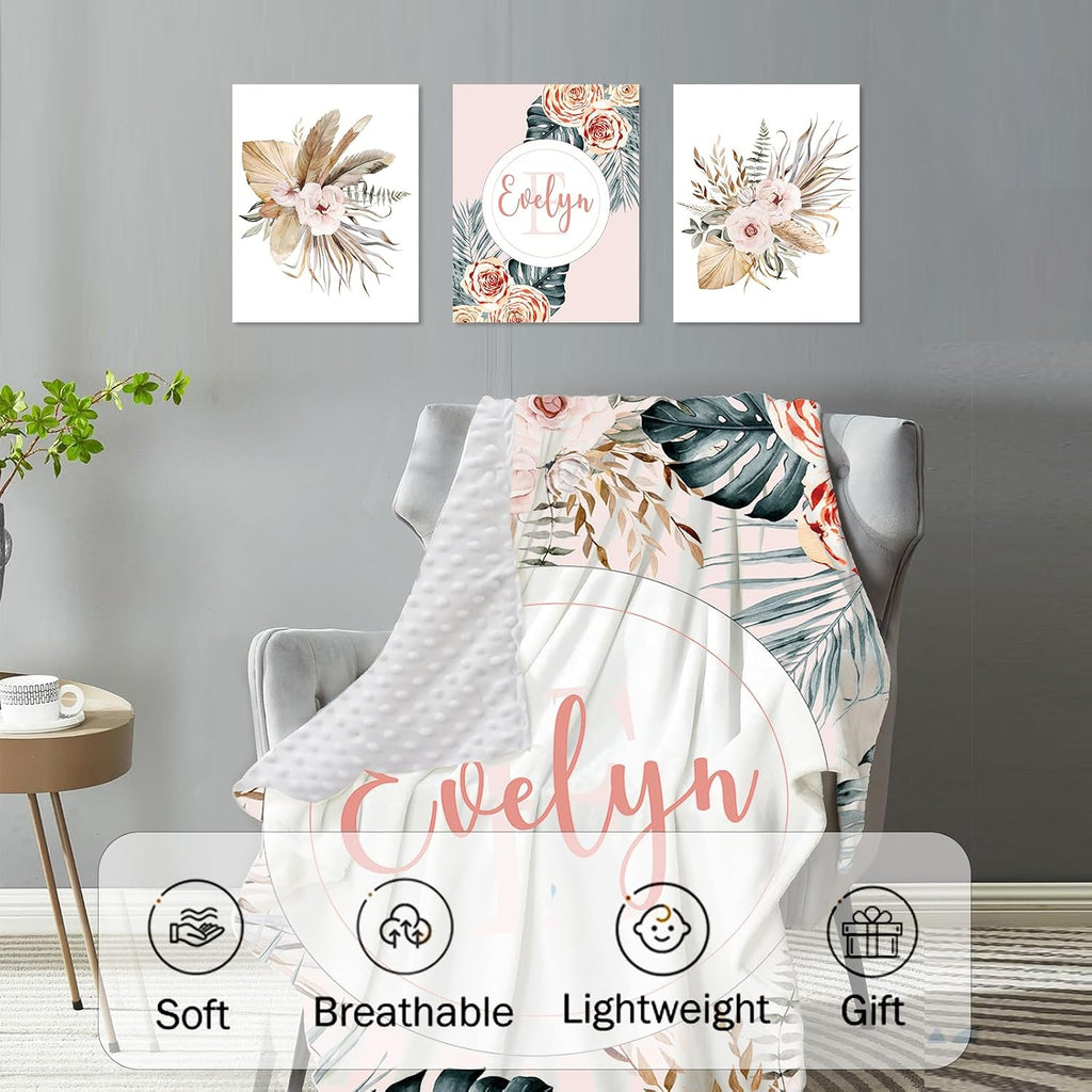 Personalized Nursery Crib Bedding Set: Custom Name 5 Piece Baby Crib Sets with Bohemian Flowers - Toddler Double Layer Blanket Set, Comfortable Crib Bed Sheets for Baby Gril