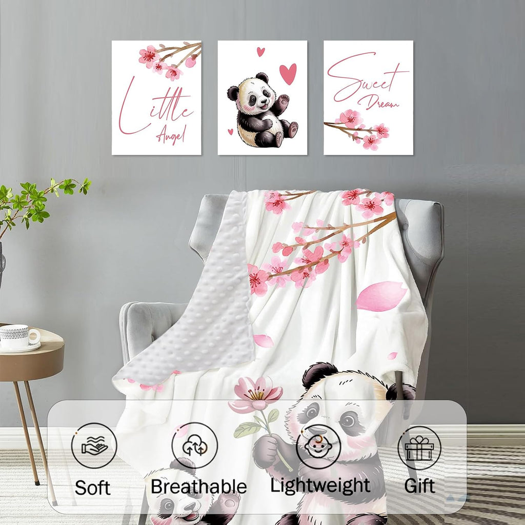 Personalized Crib Bedding Set for Baby Girls, Custom Name Baby Crib Sets 5-Pcs Include Toddler Double Layer Blanket Fitted Sheet Changing Pad Cover Rug Wall Art Set, Pink Panda Pattern Nursery Décor