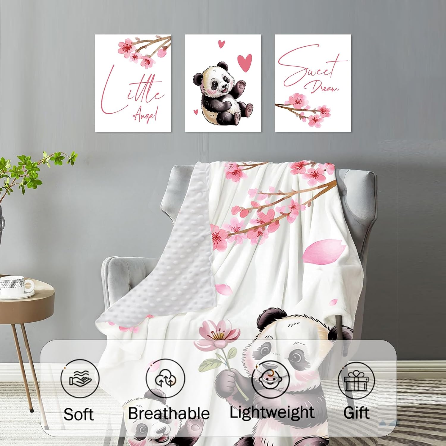Personalized Crib Bedding Set for Baby Girls, Custom Name Baby Crib Sets 5-Pcs Include Toddler Double Layer Blanket Fitted Sheet Changing Pad Cover Rug Wall Art Set, Pink Panda Pattern Nursery Décor