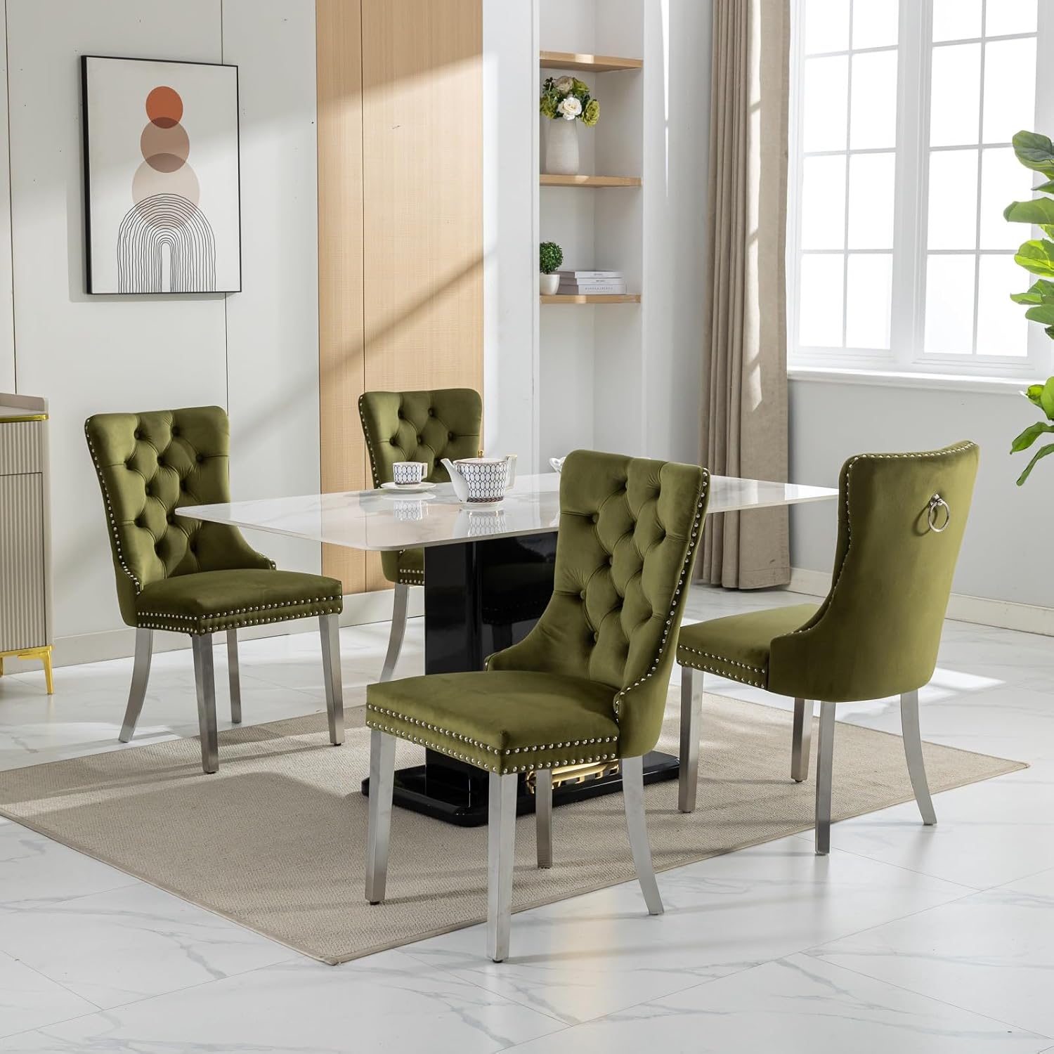 2 Piece Contemporary Velvet Upholstered Dining Chair with Chrome Stainless Steel Plating Legs, Nail Head Decro, Armless Tufted Dining Chair Fabric Dining Room Chair (Green&Silver, Set of 2)