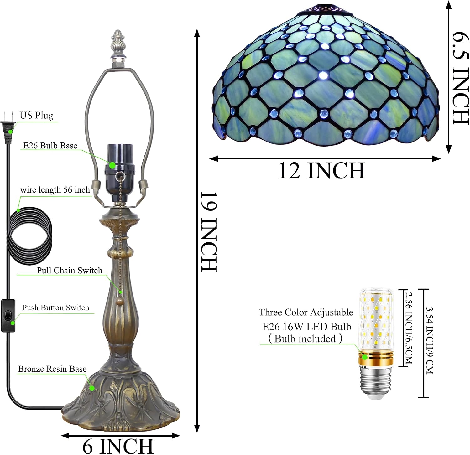 Tiffany Lamp Stained Glass Table Lamp Antique Bedside Reading Light W12H19 Inches (Sea Blue Pearl)