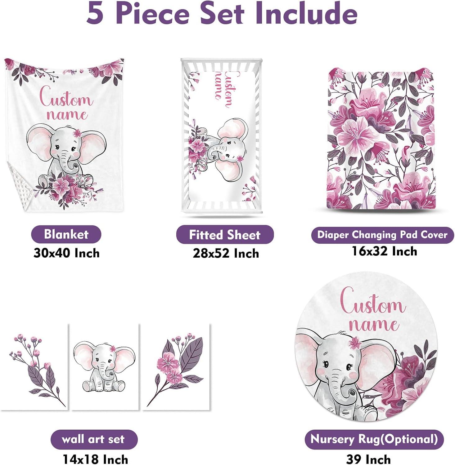 TOOTANN Custom Baby Crib Bedding Set, 5 Pcs Personalized Name Baby Crib Sheets for Kid Toddler Infant, Purple Floral Little Elephant Nursery Bedding Set