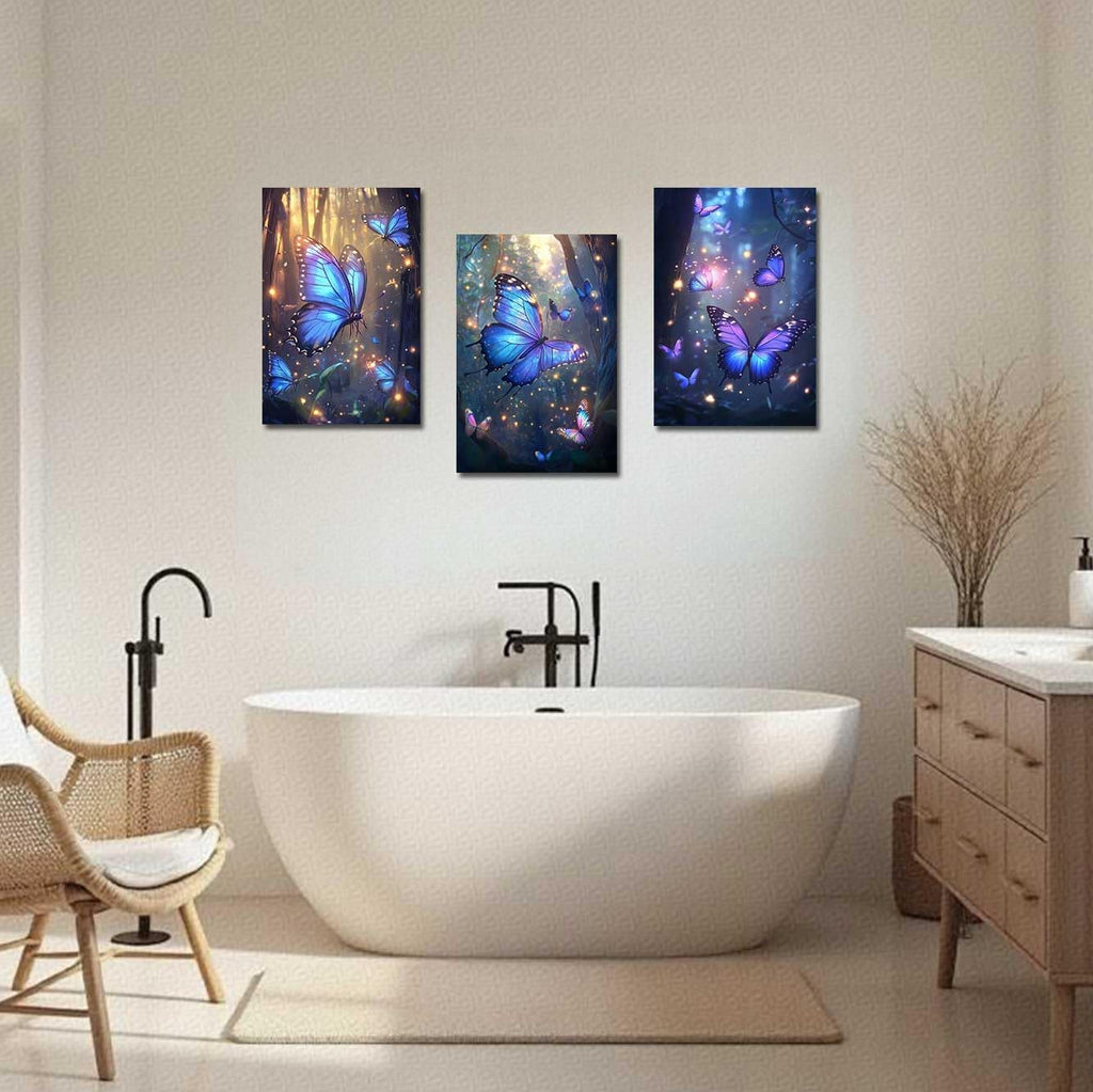LZIMU 3Pcs Butterfly Wall Art Blue and Purple Butterflies Picture Fantasy Forest Painting Abstract Modern Canvas Print Nature Artwork Girls Bedroom Room Decor (24x36inx3 Pieces)
