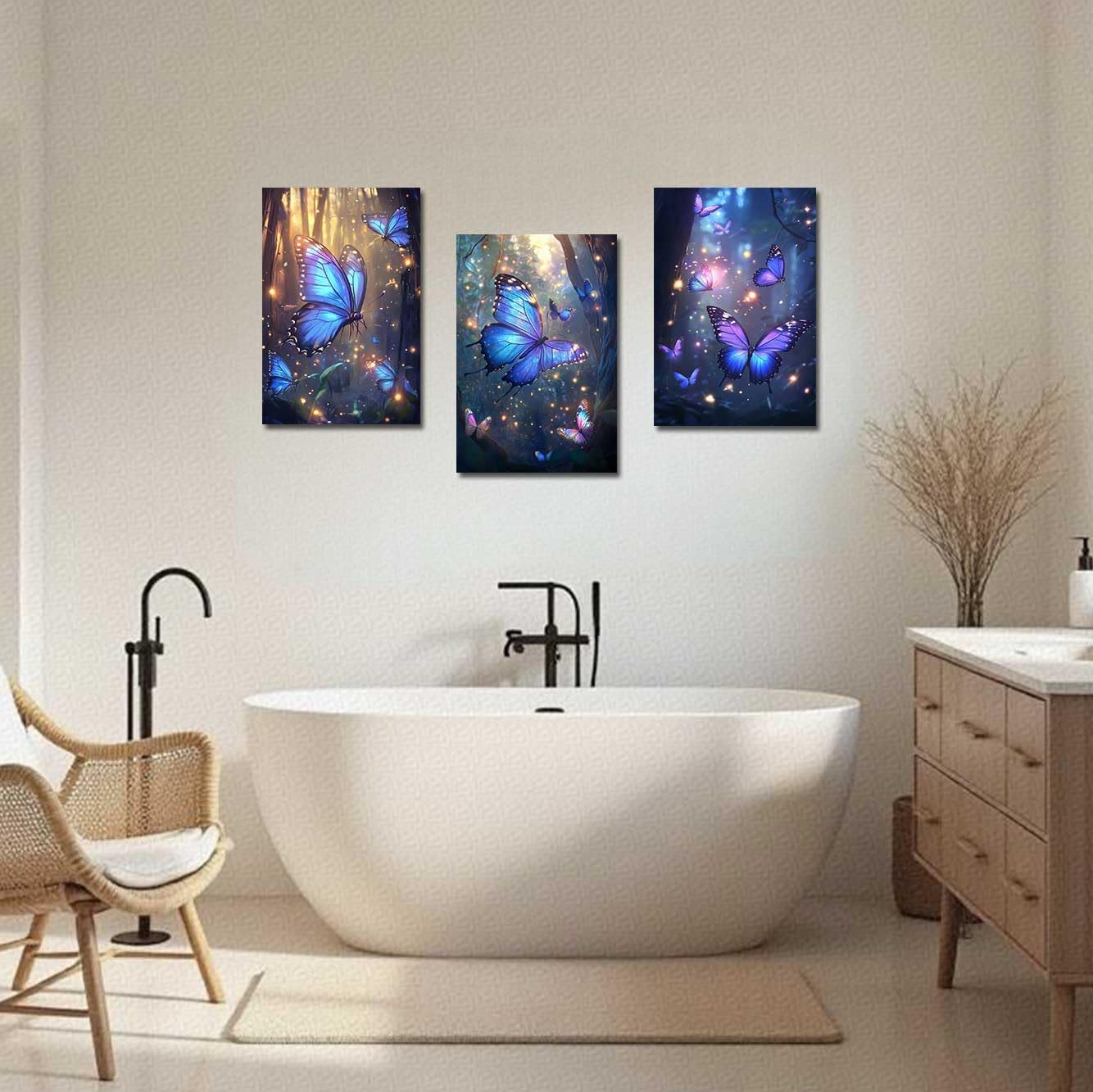 LZIMU 3Pcs Butterfly Wall Art Blue and Purple Butterflies Picture Fantasy Forest Painting Abstract Modern Canvas Print Nature Artwork Girls Bedroom Room Decor (24x36inx3 Pieces)