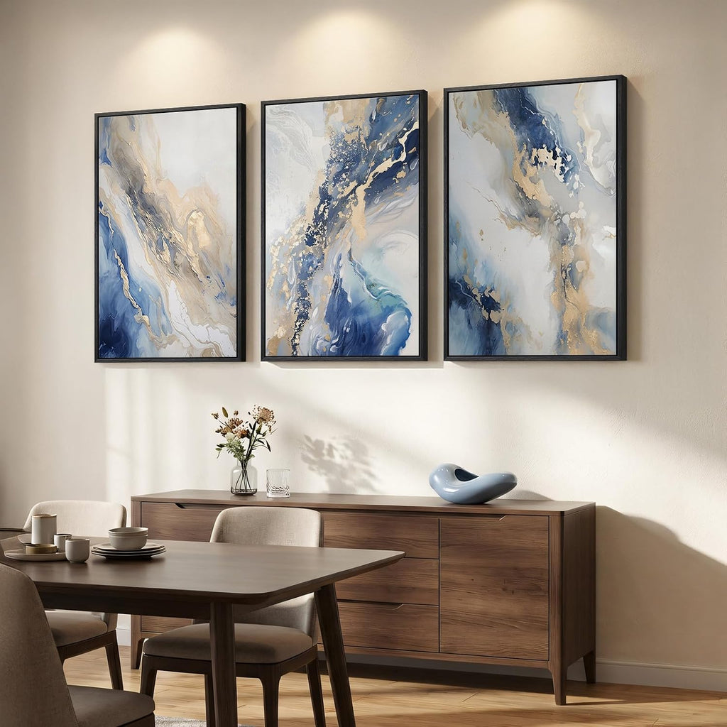 Large Framed Abstract Blue and Gold Wall Art for Living Room, 3 Piece Modern Canvas Artwork for Walls, Contemporary Pictures Prints Paintings for Bedroom Hallway Wall Decor, 24x36 Inch