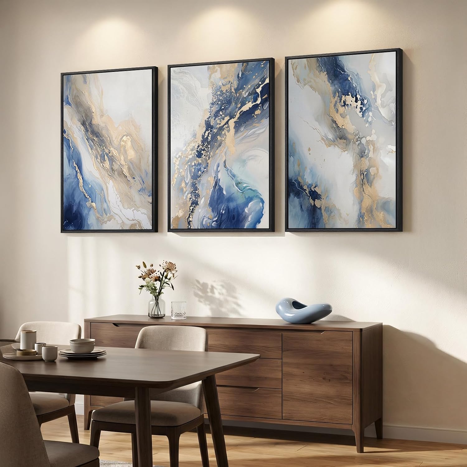 Large Framed Abstract Blue and Gold Wall Art for Living Room, 3 Piece Modern Canvas Artwork for Walls, Contemporary Pictures Prints Paintings for Bedroom Hallway Wall Decor, 24x36 Inch