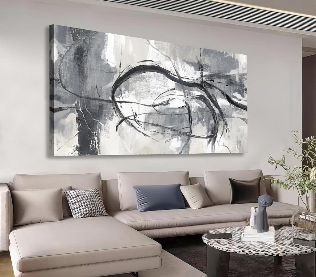 Shoci Large Abstract Wall Art - Black Gray White Canvas Picture for Living Room Modern Ink Lines Painting Print Decor Contemporary Artwork Wall Art for Bedroom Kitchen Home Office Decoration 29' X 58'