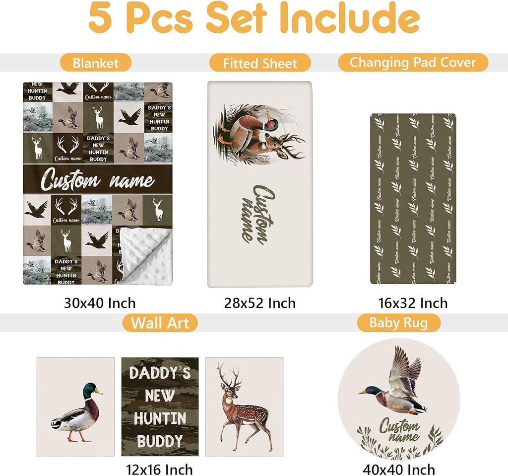 Terwex Personalized Crib Bedding Set, 5 Pcs Custom Name Nursery Bedding Set with Double Layer Blanket, Green Woodland Deer Baby Crib Set for Boys Girls, Customized Gifts for Toddlers Infants Babies