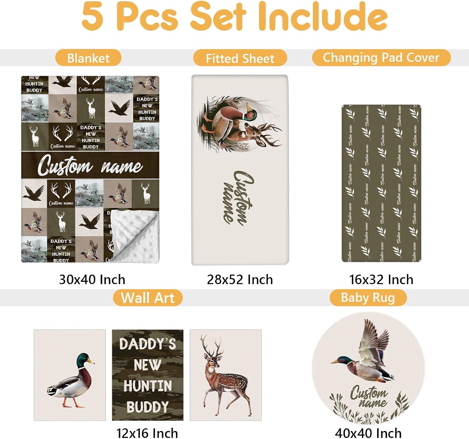 Terwex Personalized Crib Bedding Set, 5 Pcs Custom Name Nursery Bedding Set with Double Layer Blanket, Green Woodland Deer Baby Crib Set for Boys Girls, Customized Gifts for Toddlers Infants Babies