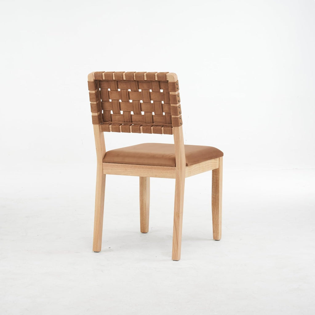 VINGLI Brown Woven Wooden Dining Chairs Set of 2,Armless Mid Century Modern Desk Chairs with Rivet&Foot Pegs,Upholstered Farmhouse Comfy Chair No Wheels for Dining Room,Living Room,Kitchen,Oak,Suede