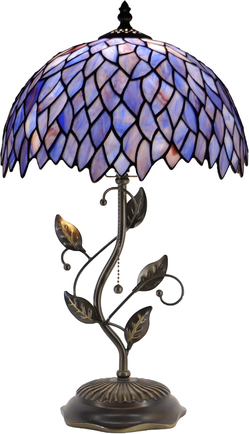 Tiffany Table Lamp Stained Glass Desk Lamp Metal Leaf Base Reading Light 12X19 Inch (Wisteria Style)