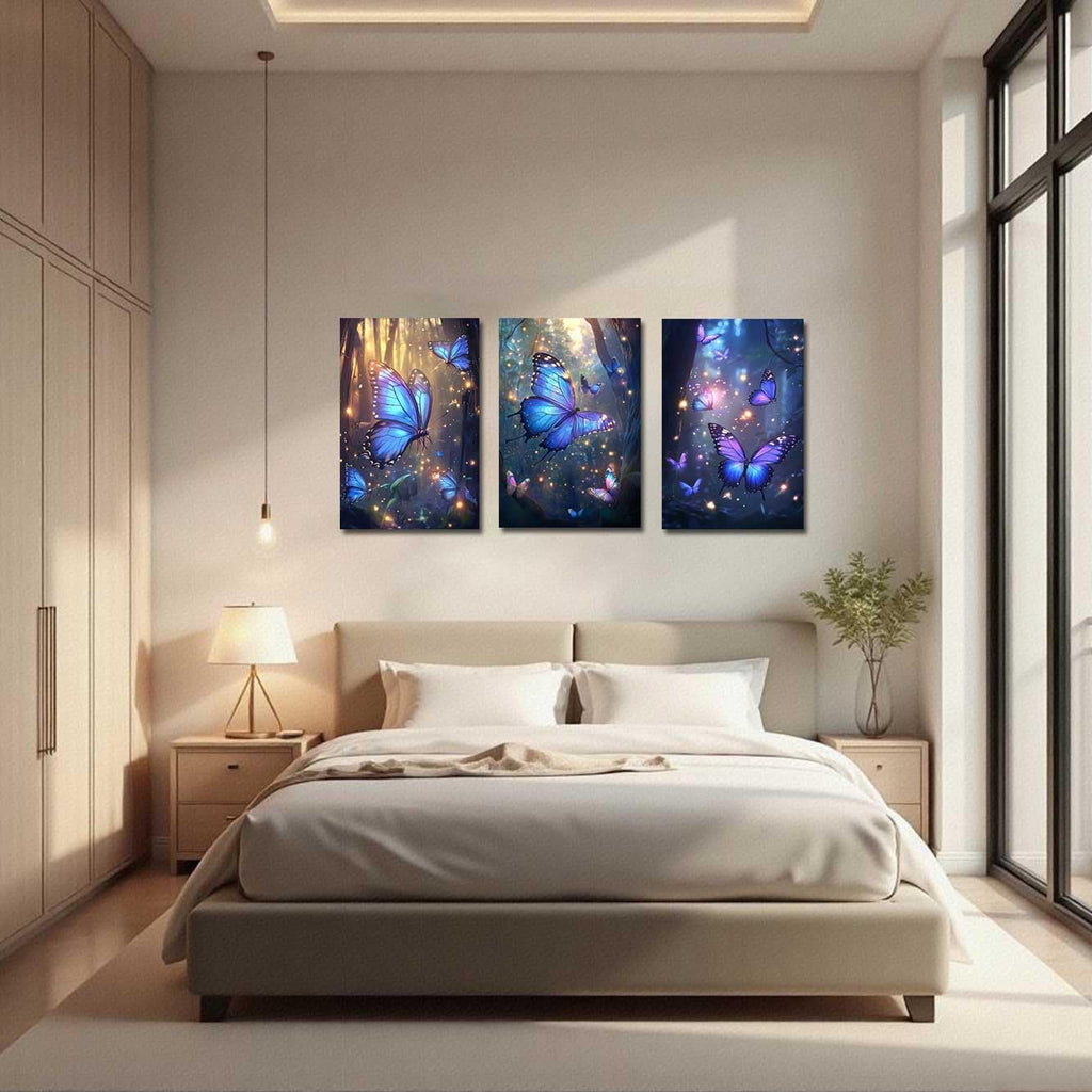 LZIMU 3Pcs Butterfly Wall Art Blue and Purple Butterflies Picture Fantasy Forest Painting Abstract Modern Canvas Print Nature Artwork Girls Bedroom Room Decor (24x36inx3 Pieces)