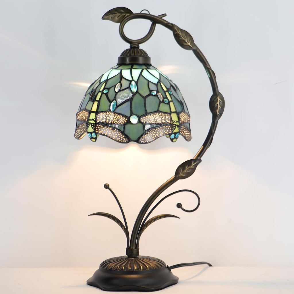 Tiffany Lamp Stained Glass Table Lamp Metal Leaf Base 8X10X19 Inch Reading Desk Light (Sea Blue Dragonfly)
