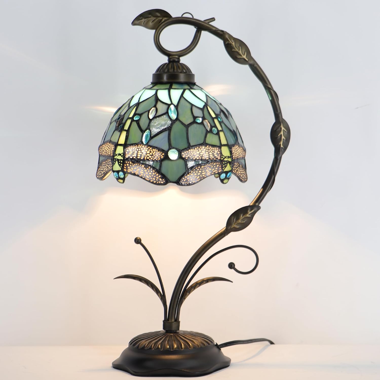 Tiffany Lamp Stained Glass Table Lamp Metal Leaf Base 8X10X19 Inch Reading Desk Light (Sea Blue Dragonfly)